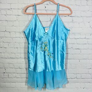 Y2K Babydoll Camisole Women 2X Blue Embroidered Coquette Cottage Prairie Top